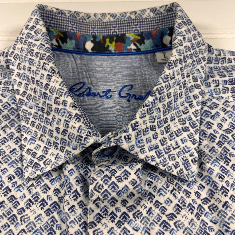 Robert Graham Classic Fit Button Down Shirt Mens L Blue Geometric AOP Flip Cuffs